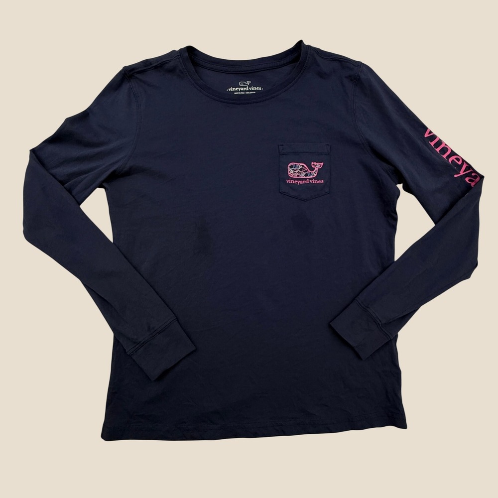 Vineyard Vines T Shirt Womens Extra Small Blue Long Sleeve Whale Graphic Pocket